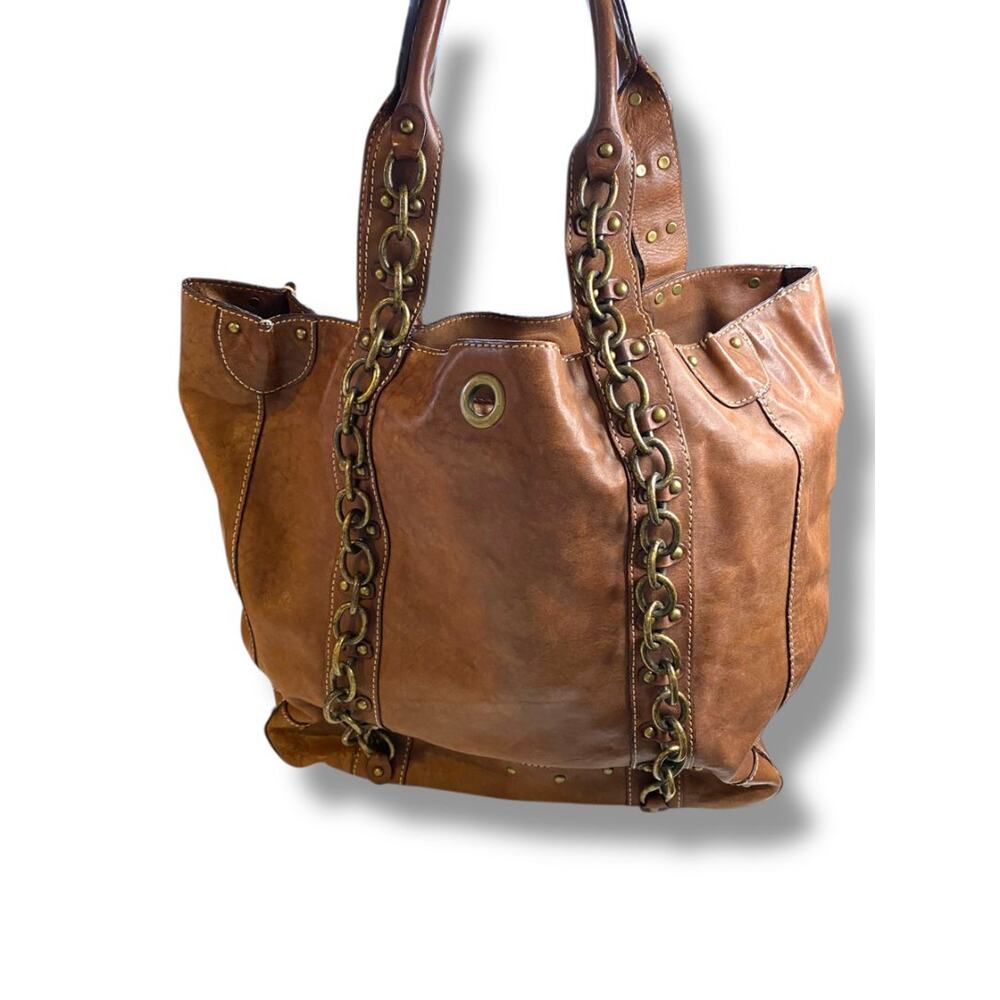J.Crew Brown Leather Tote Handbag Chain Detail Boho Retro Style